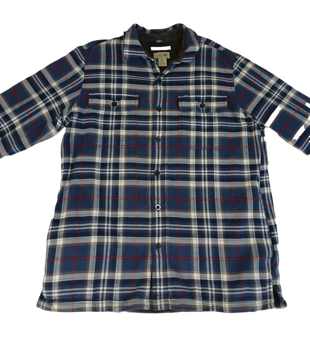 L.L. Bean Flannel Fleece Lined Shacket Shirt M Blue Traditional Fit Plaid #1707